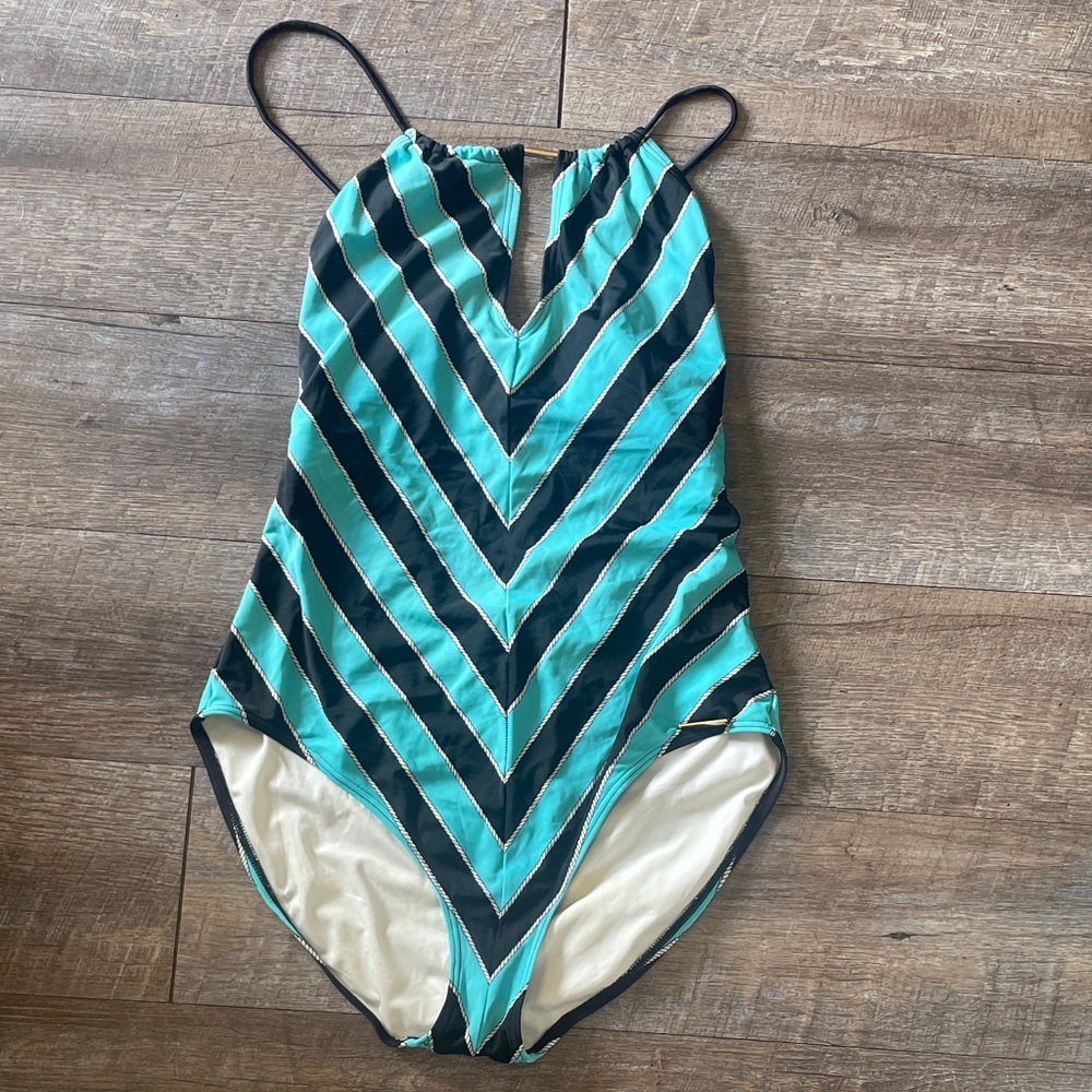 MICHAEL Michael Kors Teal and Black Striped One Piece Swimsuit